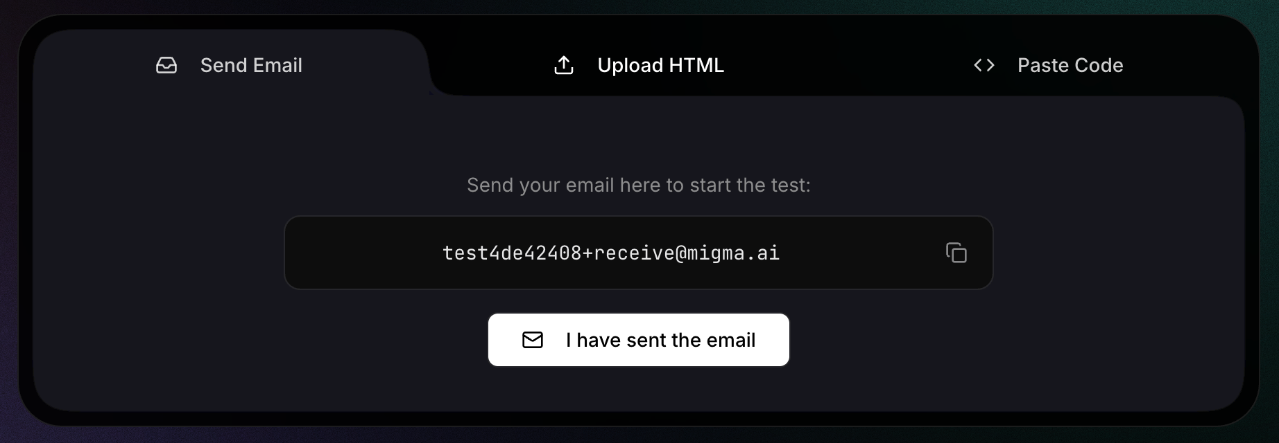 A high-fidelity mockup of the 'Email Preflight' feature on Migma. The screen shows a dashboard with an email preview in the center. A sidebar on the right displays a checklist: '30 Devices Checked', 'Links Validated', 'Spam Score: 0.0'. Green checkmarks indicate success.