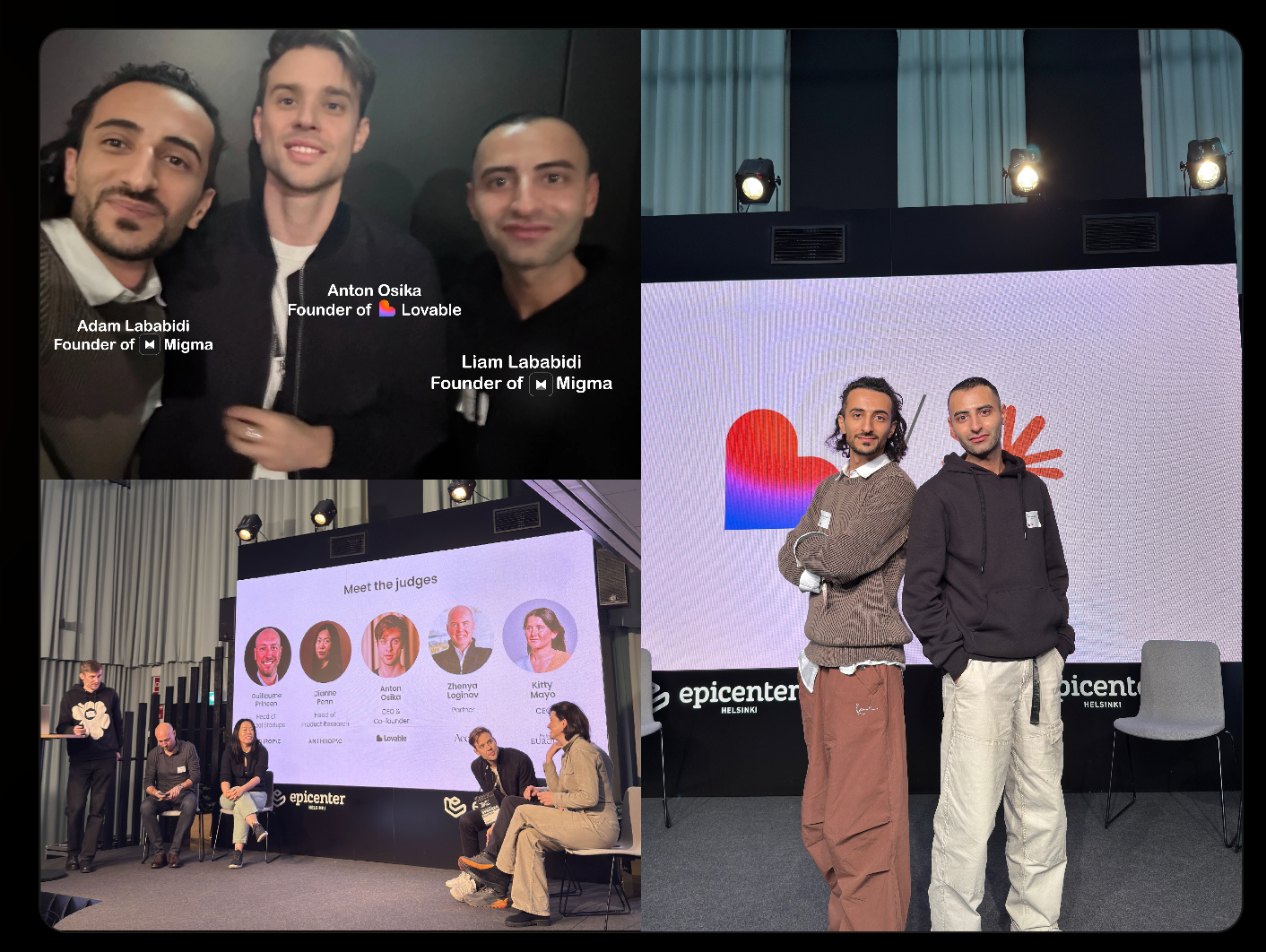 A candid, high-energy photo from the hackathon. A developer is typing code on a laptop in the foreground. Behind them, Anton Osika stands leaning in, watching the screen intently.