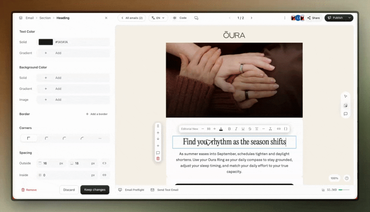 Selecting email text and adjusting copy and styles in Migma