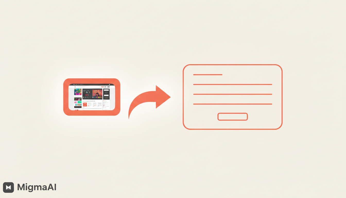 Minimalist transformation illustration on soft off-white background (#f5f5f0): left side shows a simplified smartphone or screenshot icon with a camera/image symbol inside, rendered in brand coral (#c15f3d) outline; bold curved arrow in coral points rightward; right side displays a clean email template wireframe with header bar, text lines, and button outline—all in coral; emphasizes one-click conversion from any image to production-ready email code with minimal geometric design and generous whitespace