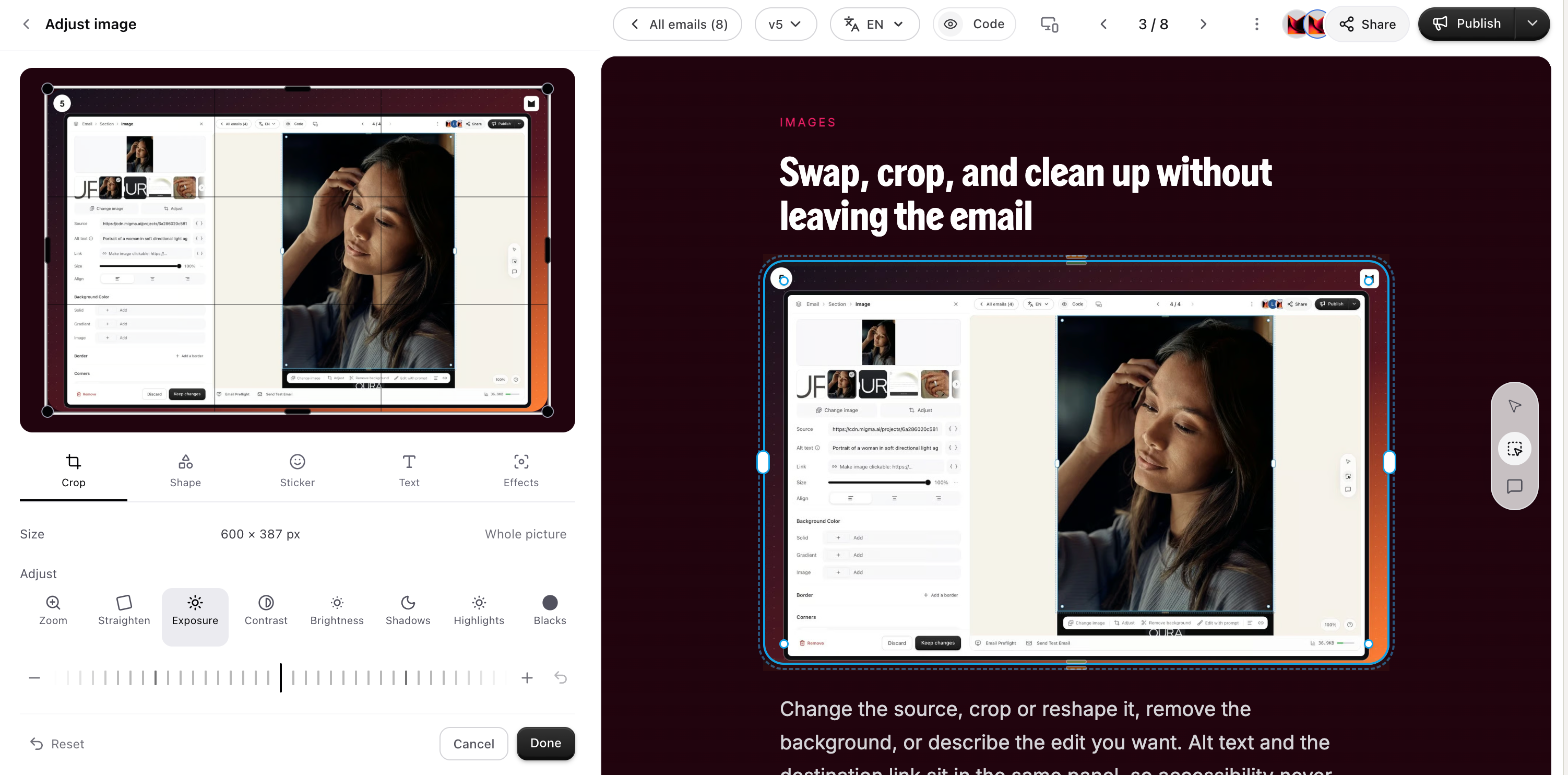 Cropping and adjusting an email image in Migma Visual Editor