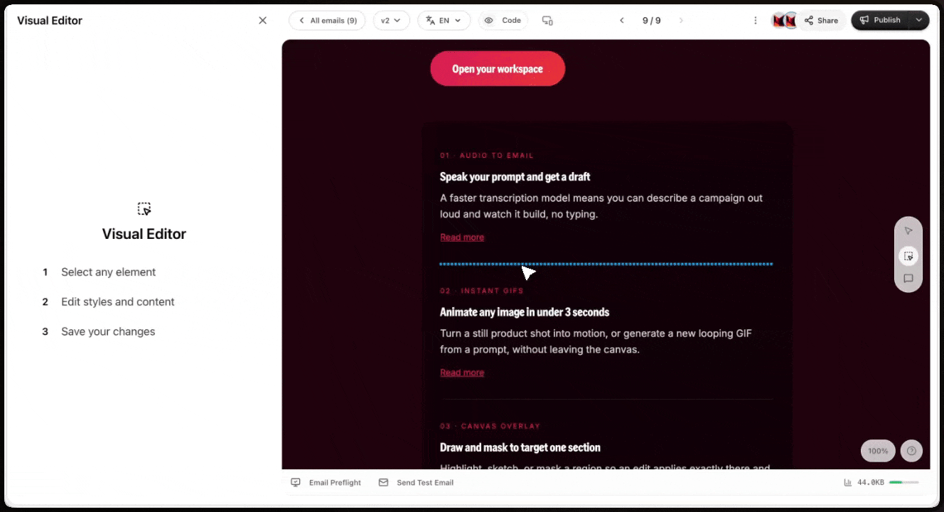 Editing a selected section with overlays, highlights, and masks