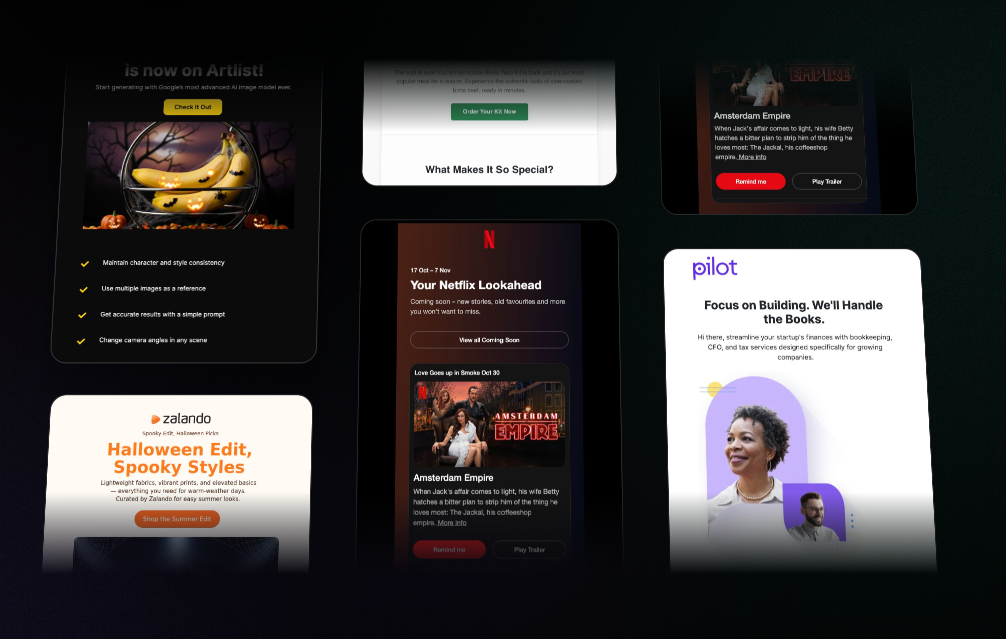 Minimalist grid illustration on soft off-white background (#f5f5f0): 2×2 grid layout of four email template thumbnails rendered as simple wireframe rectangles with internal horizontal lines, all in brand coral (#c15f3d); circular refresh/remix icon in coral positioned at center overlapping grid; clean geometric pattern with generous whitespace emphasizing template library and reusability concept