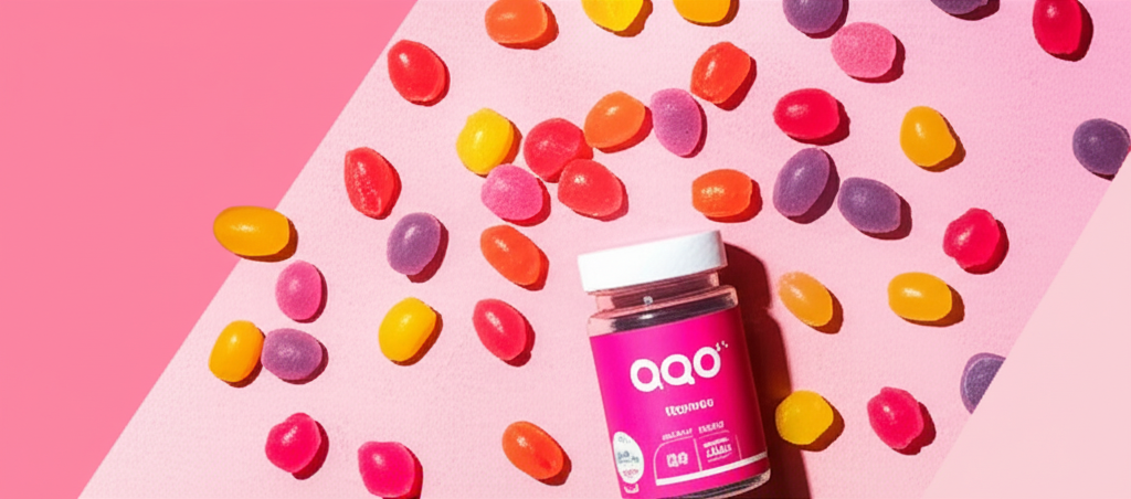 Vibrant OQO gummies scattered playfully