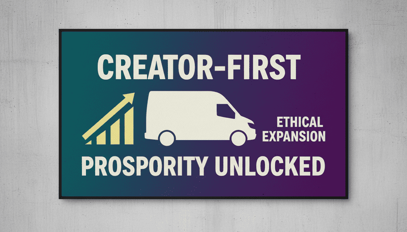 A bold typographic poster with vibrant teal and purple gradient background, featuring a sleek, minimalist geometric representation of a commercial transit van. Screen-printed texture with subtle grain, symbolizing modern financial growth and business expansion.