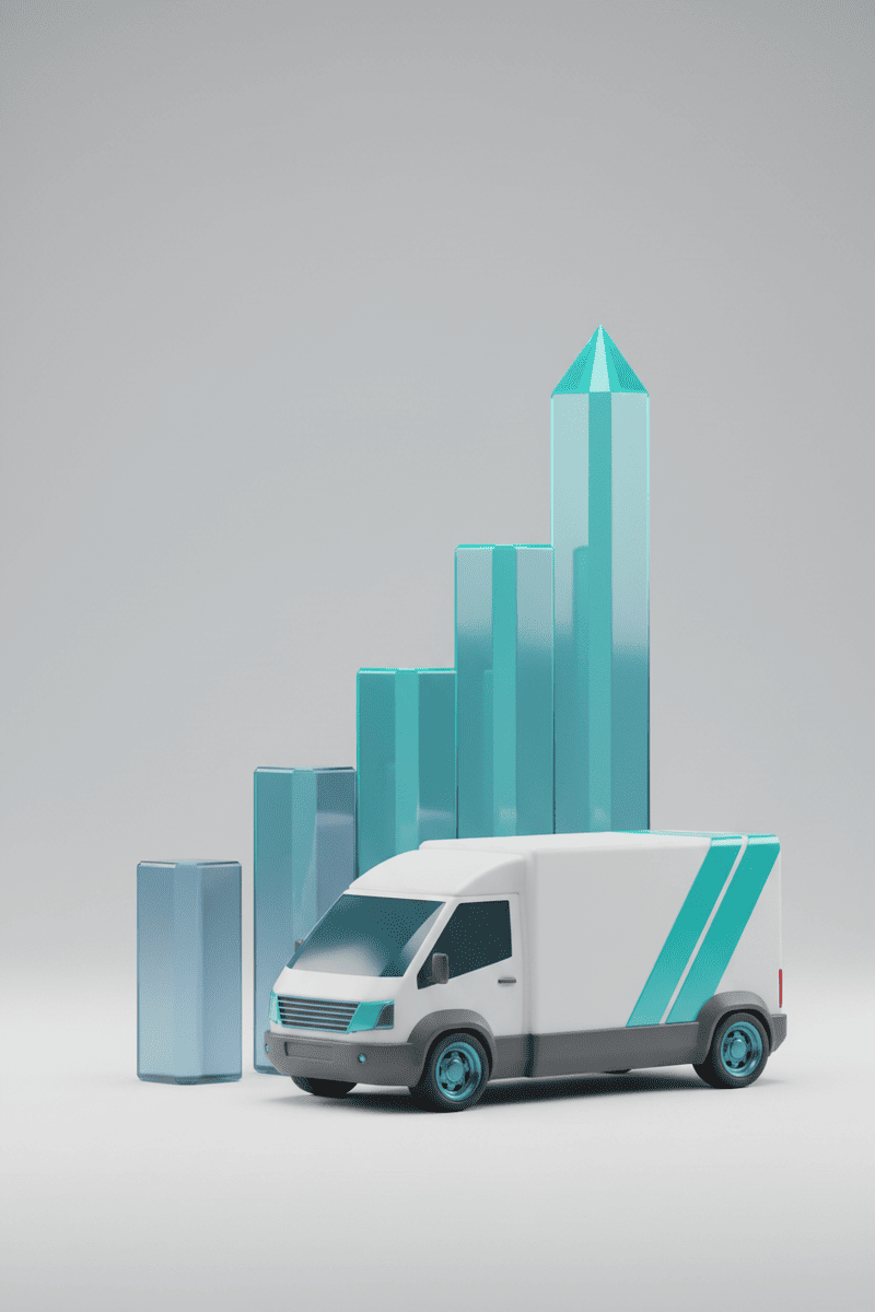 A clean, modern 3D illustration showing a rising bar chart alongside a stylized commercial vehicle, representing business credit growth and equipment funding.