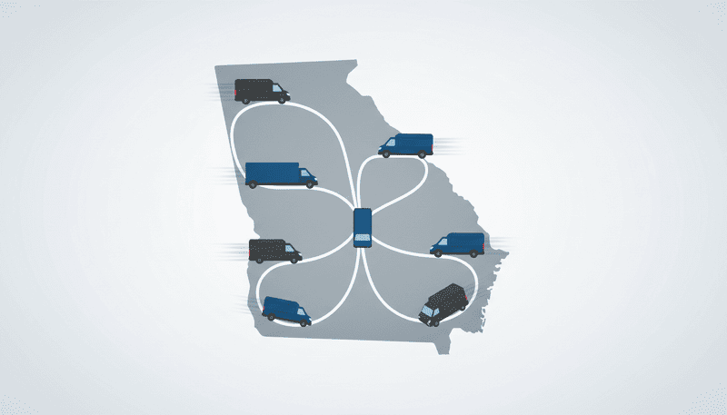 A clean, modern illustration of a professional logistics fleet moving efficiently across a stylized map of Georgia, representing business growth and dedicated contracts.