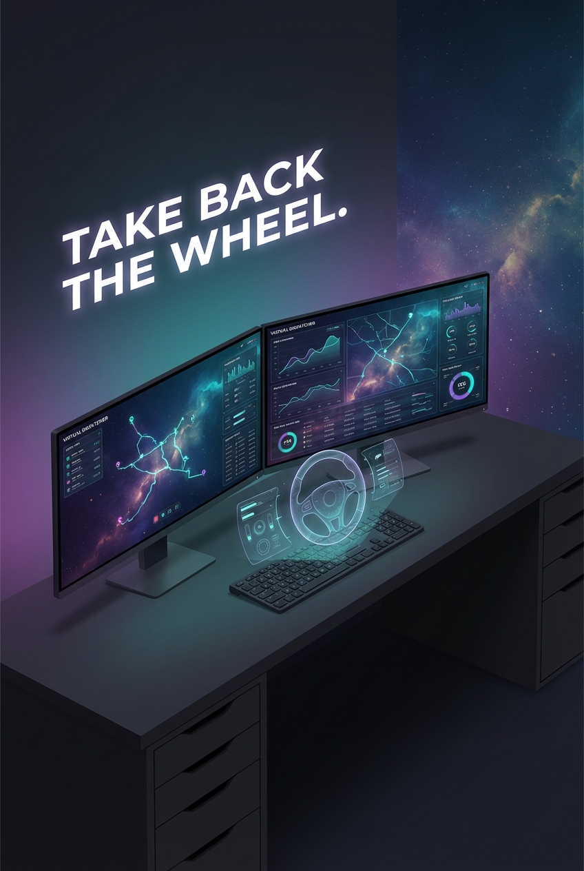 A modern, clean illustration of a professional virtual assistant managing logistics and route optimization on a dual-monitor setup, with subtle teal and purple cosmic accents.