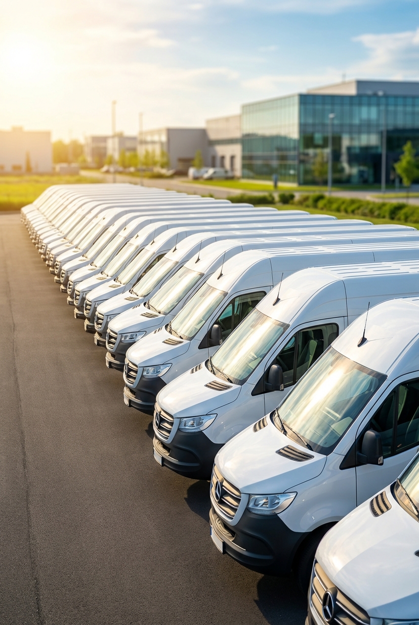 A modern, sleek composition showing multiple delivery vans lined up, representing fleet expansion and business growth.