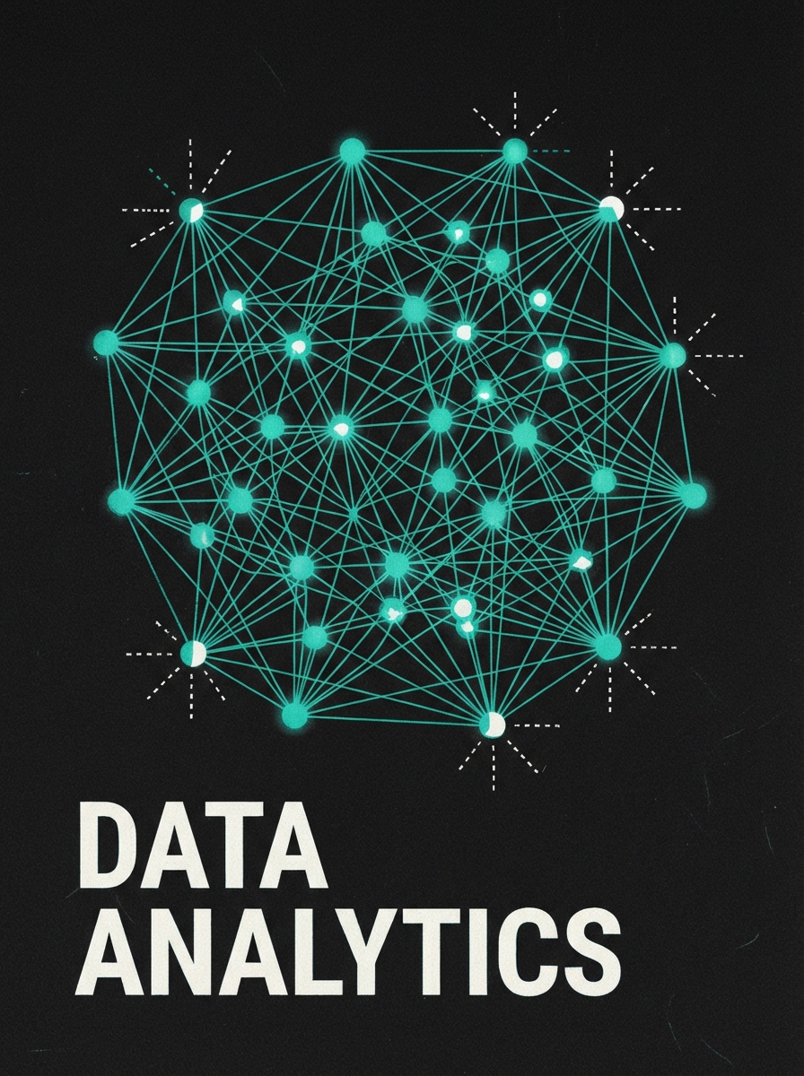 An artistic editorial poster with a dark background featuring a complex network of teal nodes and connecting lines, representing data points. Bold white typography at the bottom reads 'DATA ANALYTICS'. The composition uses a risograph texture with subtle imperfections and a professional, tech-forward aesthetic.