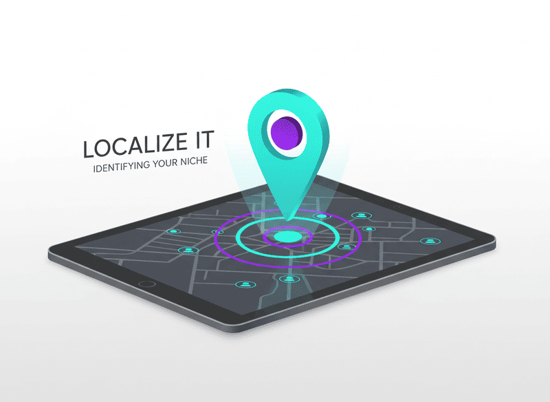 Minimalist vector illustration of a glowing map pin dropping onto a digital tablet screen, representing finding a local business niche. Clean lines, teal and purple accents on a white background.