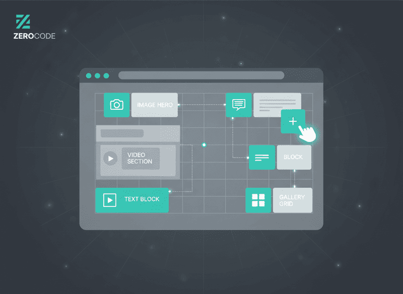 Modern flat design illustration of a website wireframe being assembled with drag-and-drop blocks, symbolizing zero-coding website building. High contrast, professional aesthetic.