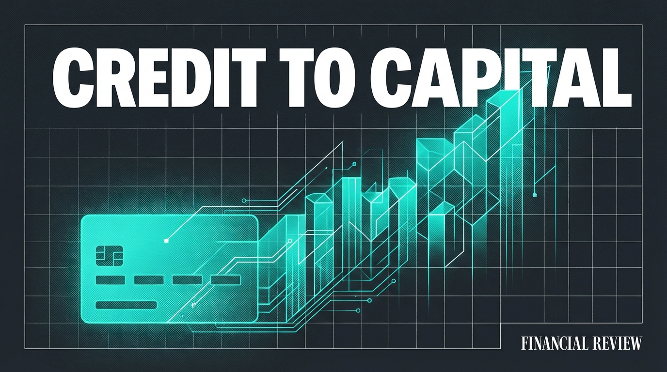 A sophisticated editorial poster with a dark charcoal background featuring a stylized glowing credit card silhouette that transforms into a rising bar graph in LuvireMedia teal. Bold white typography reads 'CREDIT TO CAPITAL' with a subtle digital grid overlay. Minimalist, high-contrast design with a fine risograph texture and sharp geometric accents.