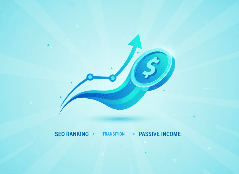 Stylized graphic of a rising trend chart transforming into a digital coin, representing SEO ranking and passive income generation. Smooth curves and vibrant brand colors.