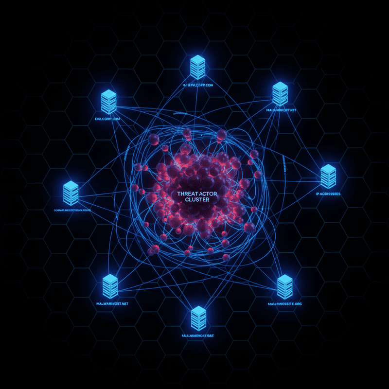An abstract network graph visualization showing interconnected nodes and servers, with glowing blue lines tracing domain registration paths and DNS records back to a central threat actor cluster, set against a pure black background.
