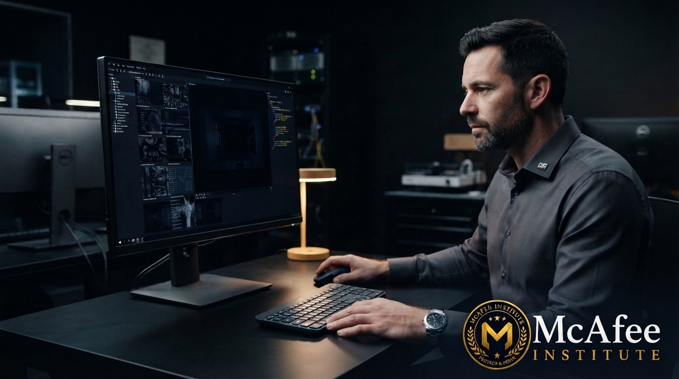 Cinematic realistic male digital forensics specialist in his early forties examining synthetic media evidence frames in a dark modern forensics lab, displays abstract and unreadable, deep navy-black palette with restrained warm gold edge lighting, shallow depth of field, no logos, badges, symbols or text, landscape