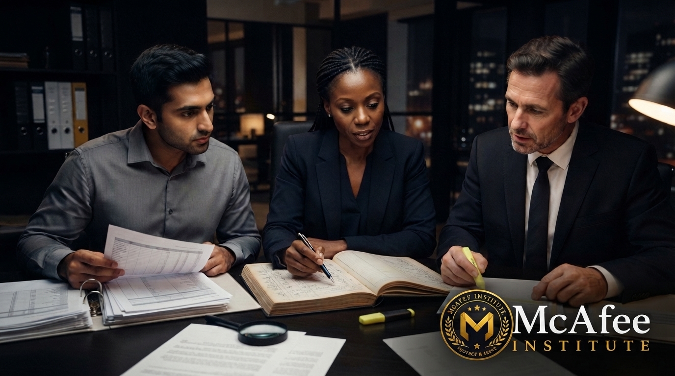 Cinematic realistic financial crime investigations team of three professionals aged thirty to forty-five, mixed genders and ethnicities, reviewing printed ledgers and physical transaction evidence across a forensic workspace table, deep navy-black atmosphere with restrained warm gold overhead practical light, shallow depth of field, no readable text, no currency or cryptocurrency symbols, no logos or badges, landscape