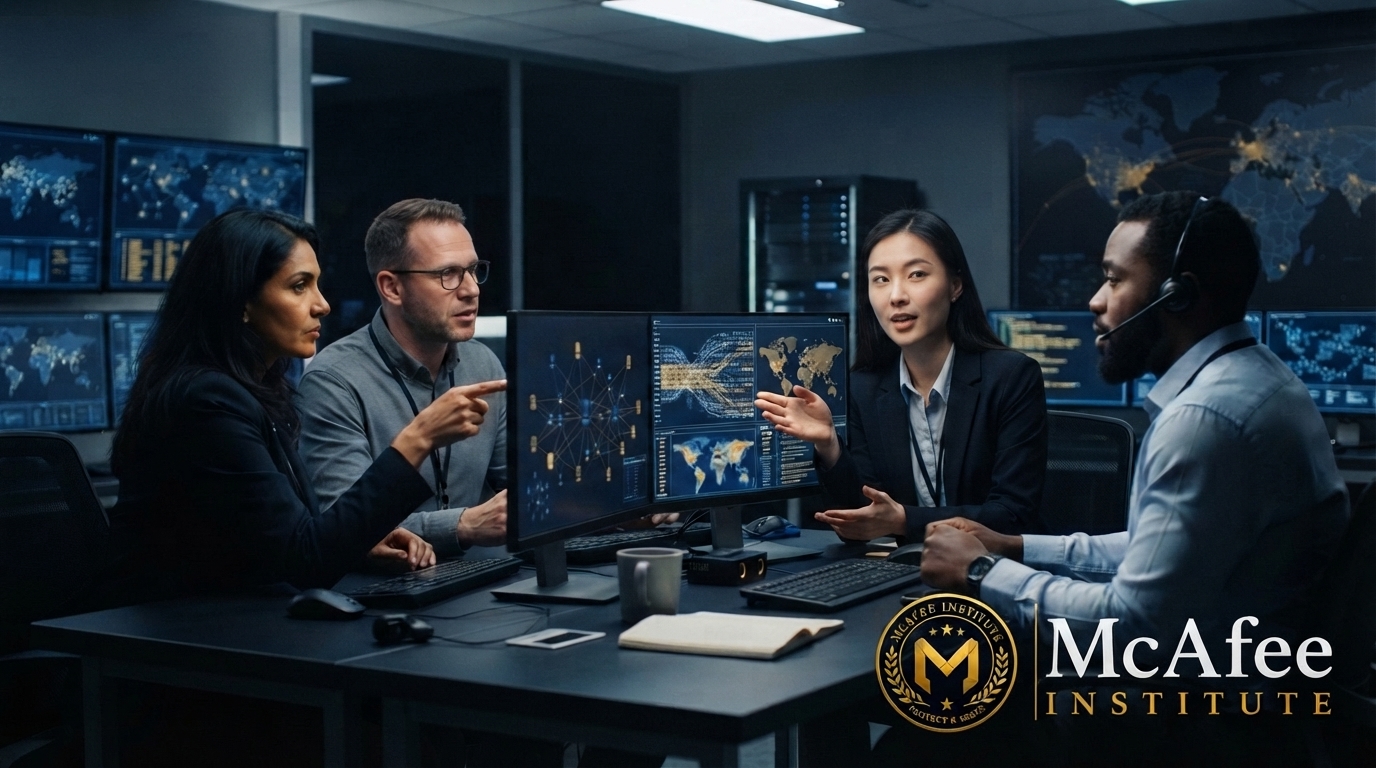 Cinematic realistic cybercrime operations team of four professionals aged thirty to forty-five, mixed genders and ethnicities, collaborating around workstations in a modern operations center, monitors abstract and unreadable, deep navy-black atmosphere with restrained warm gold practical lighting, shallow depth of field, no logos, badges, symbols or text, landscape