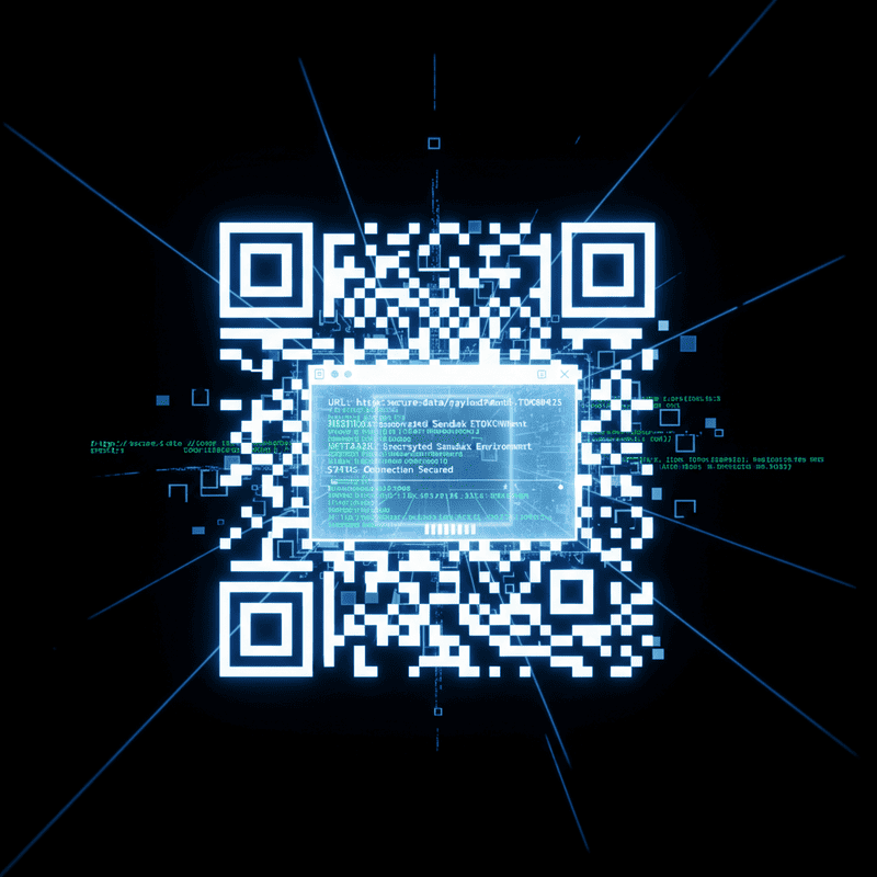 A high-contrast digital illustration of a glowing QR code being scanned and dissected by blue laser lines, revealing a secure sandboxed terminal window displaying decoded URL parameters and metadata, set against a pure black background.