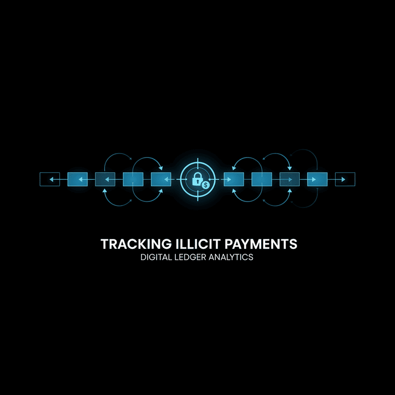 A minimalist typographic poster featuring a stylized digital ledger with glowing blue transaction blocks and arrows pointing towards a central target icon, representing the tracking of illicit payment gateways, set against a pure black background.