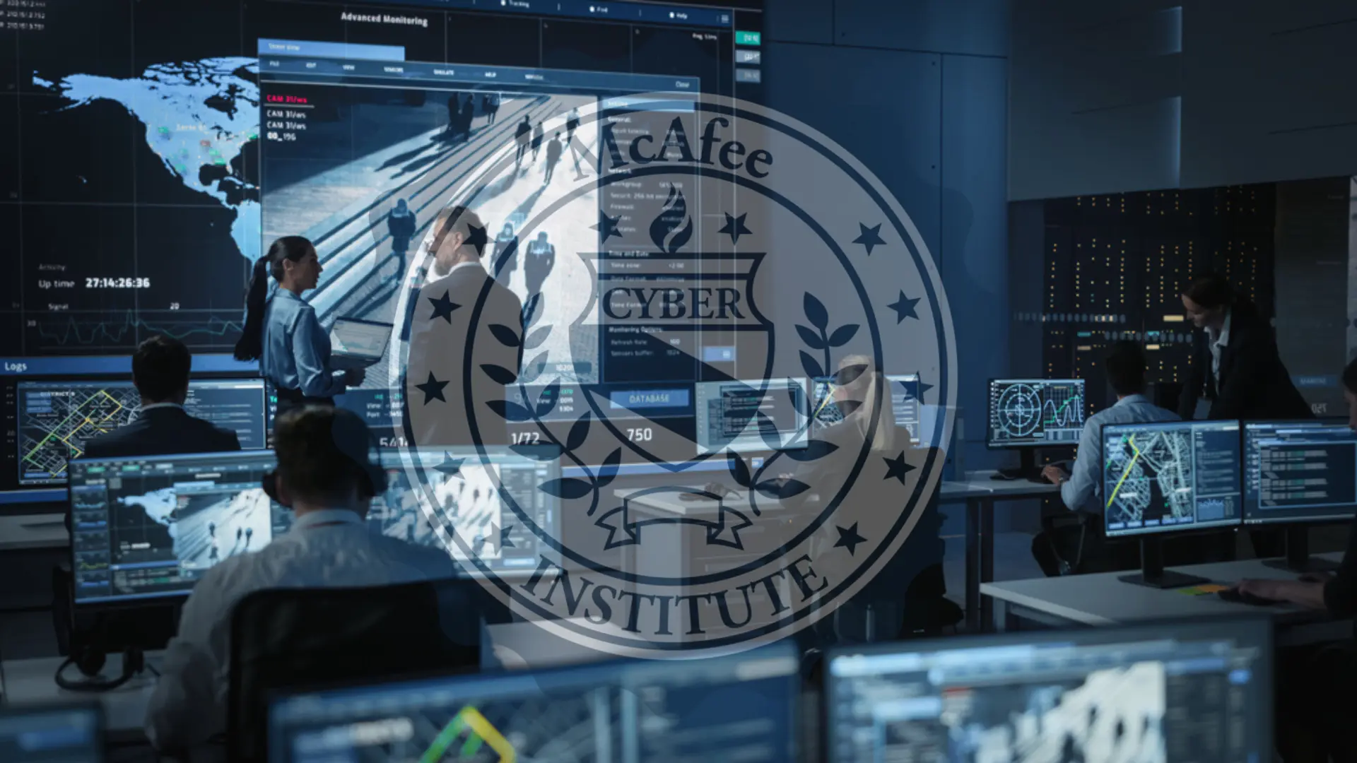 Modern cybersecurity operations center with professionals monitoring multiple screens displaying complex data, maps, and graphs with McAfee Cyber Institute logo overlay
