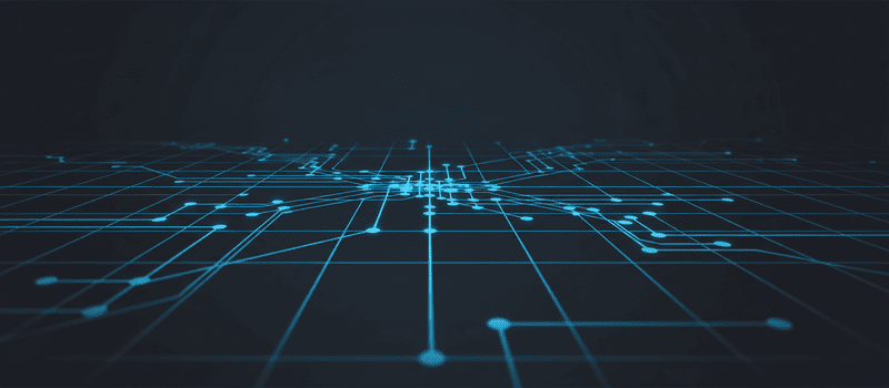 A dark editorial illustration showing an abstract architectural grid of interconnected nodes and pathways in cool blue tones against a charcoal background, representing structured systems and business infrastructure with clean geometric lines and subtle depth gradients