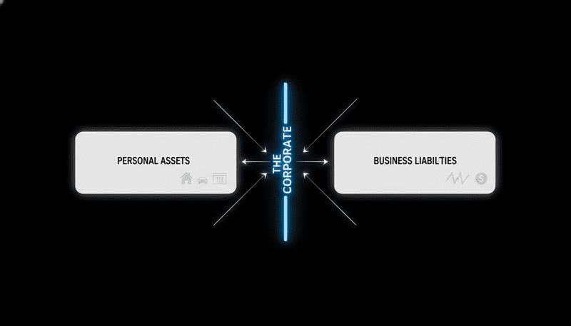 A high-fidelity technical diagram showing two distinct zones. On the left, 'Personal Assets' (Home, Savings) are enclosed in a white box. On the right, 'Business Liabilities' (Lawsuits, Debt) are in a separate box. Between them is a thick, glowing Electric Blue vertical line labeled 'THE CORPORATE VEIL'. Arrows from liabilities are shown bouncing off the blue line, unable to reach personal assets.