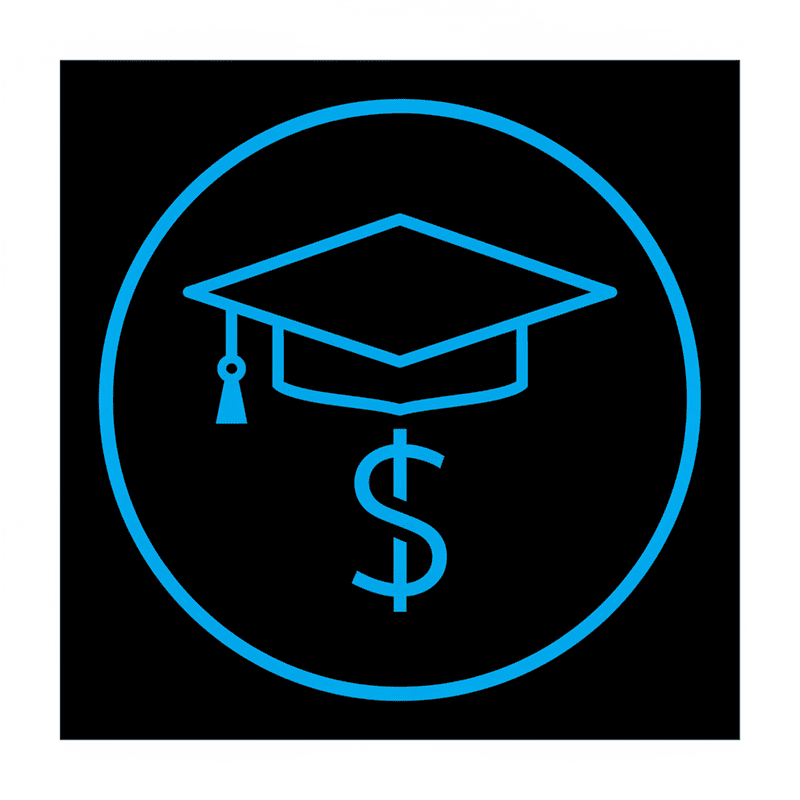 A minimal icon representing a masterclass with a graduation cap and dollar sign in vibrant blue on dark background