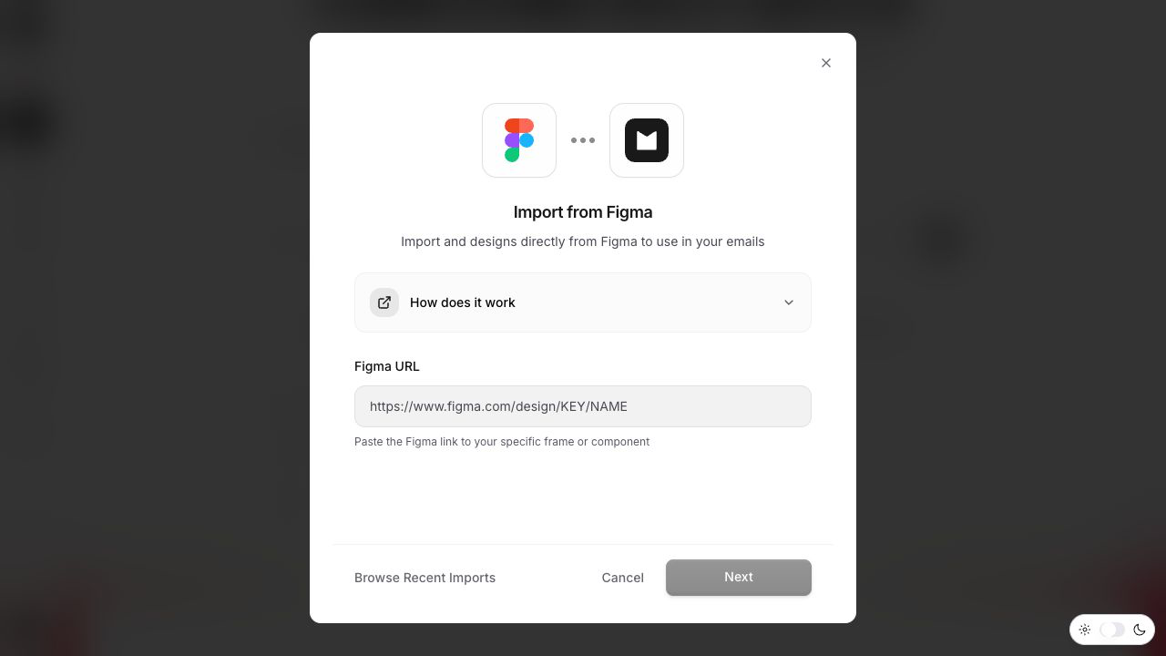 Migma import dialog for pasting a Figma frame URL