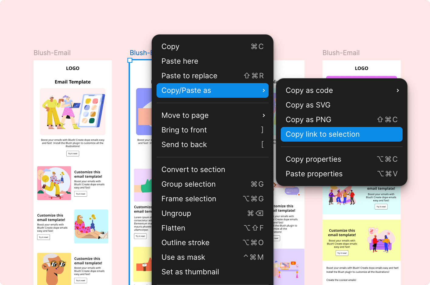 Copying a Figma frame link for an AI email conversion workflow