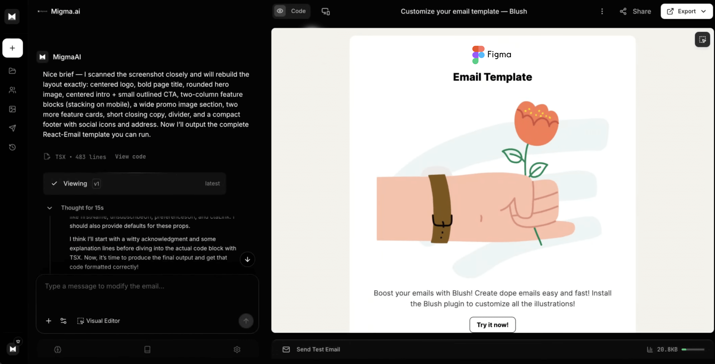 Converted Figma design open as an editable email in Migma